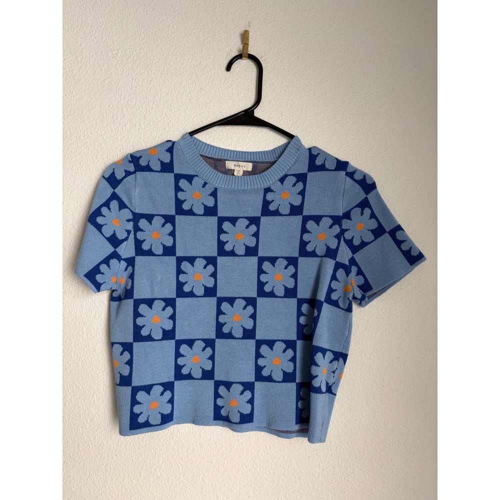Debut Blue Checkered Daisy Floral Short Sleeve Knit Crop Sweater Top Womens L‎